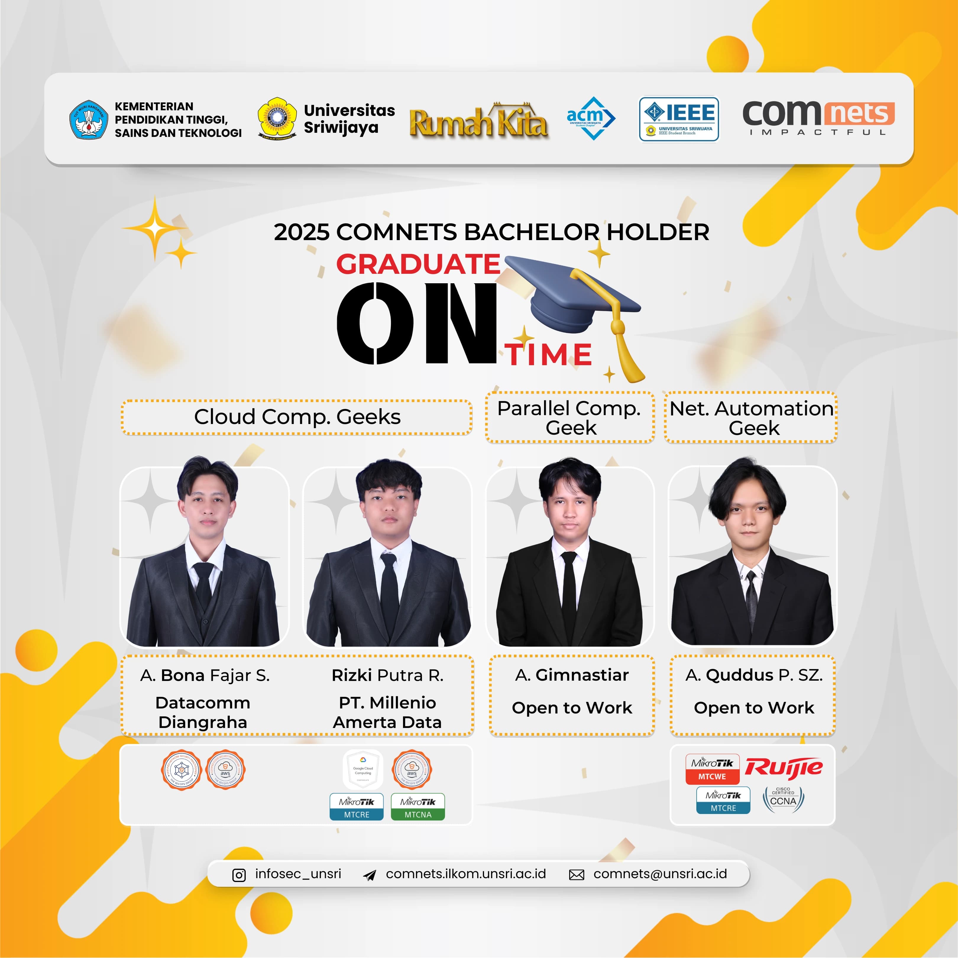 COMNETS Unsri Rayakan Kelulusan Tepat Waktu Bidang Kajian Cloud, Parallel Computing, dan Network Automation