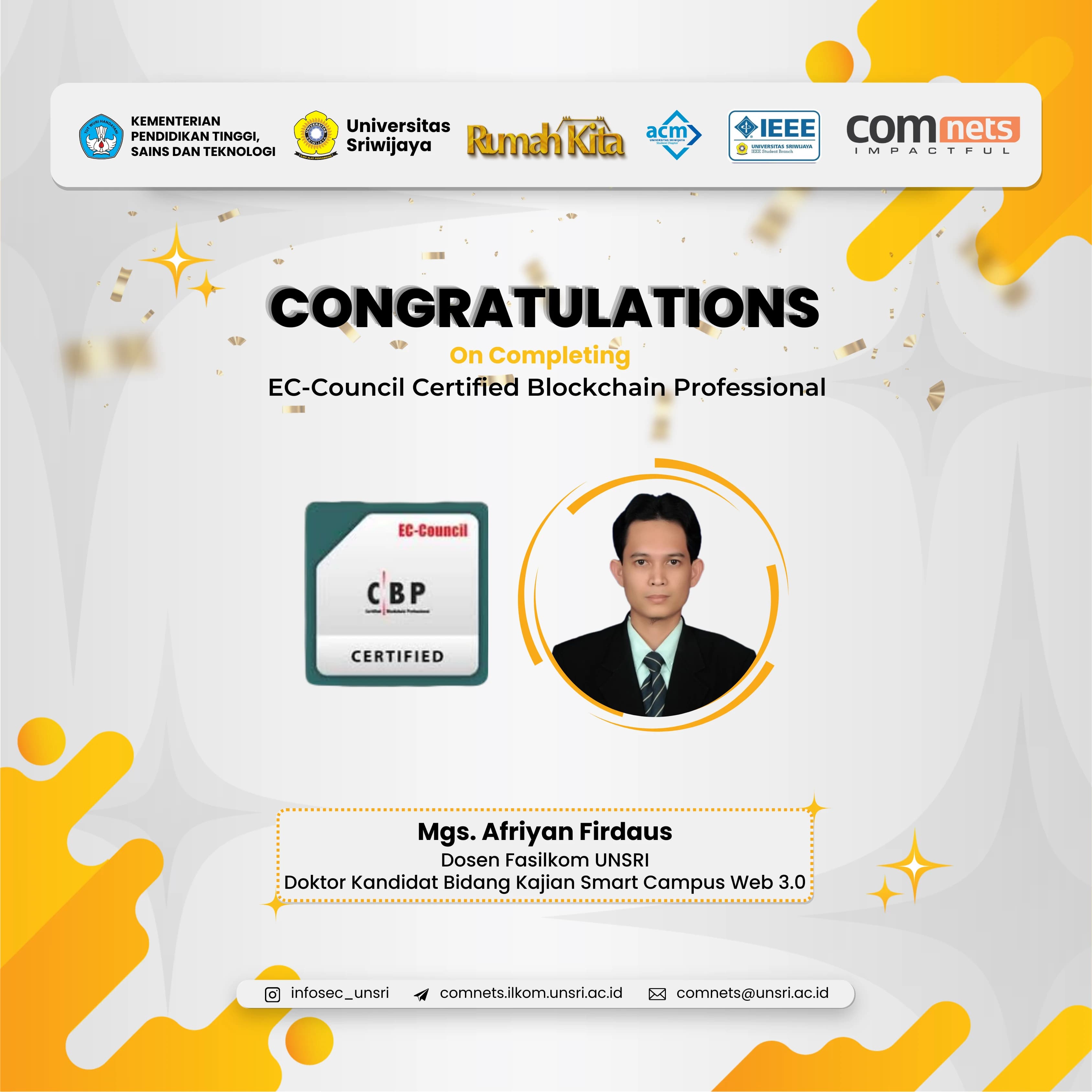 Perkuat Riset Smart Campus Web 3.0 di COMNETS RG, Dosen Fasilkom Unsri Raih Sertifikasi Elite Certified Blockchain Professional dari EC-Council