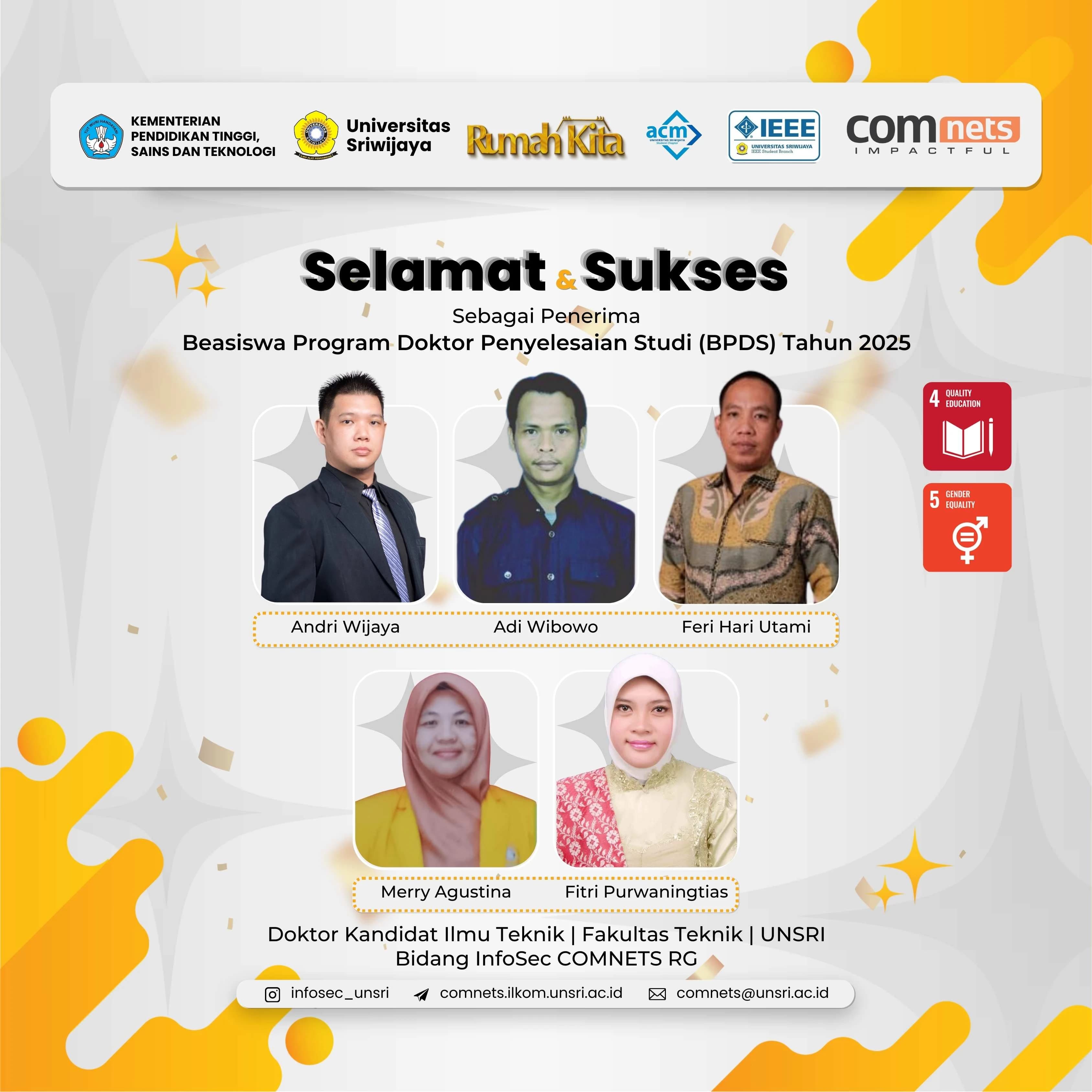 Akselerasi Riset Disertasi, Lima Doktor Kandidat COMNETS RG Menangkan Hibah Beasiswa BPDS 2025