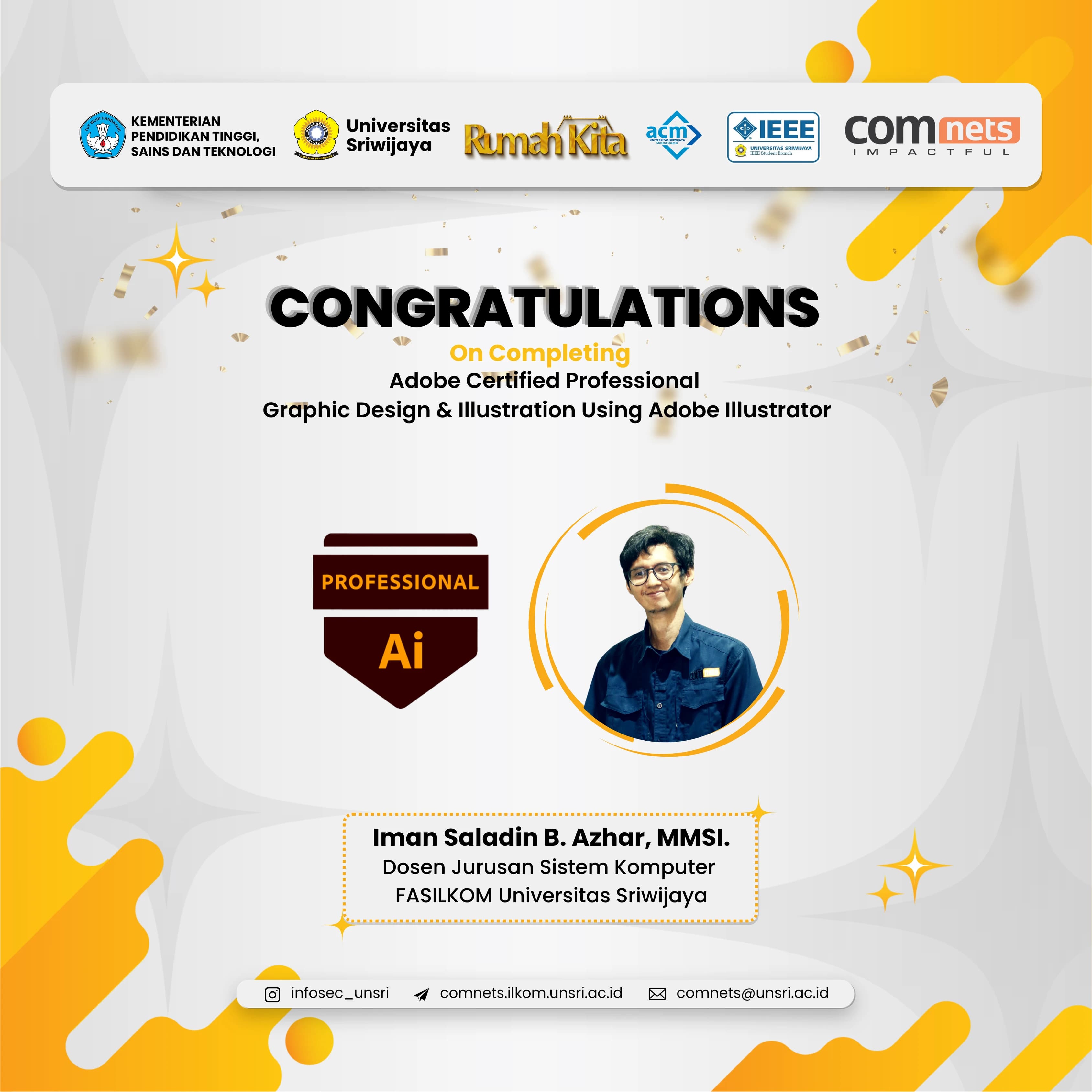Dosen Fasilkom UNSRI dan Peneliti COMNETS RG, Iman Saladin B. Azhar Peroleh Sertifikasi Internasional Adobe Certified Professional