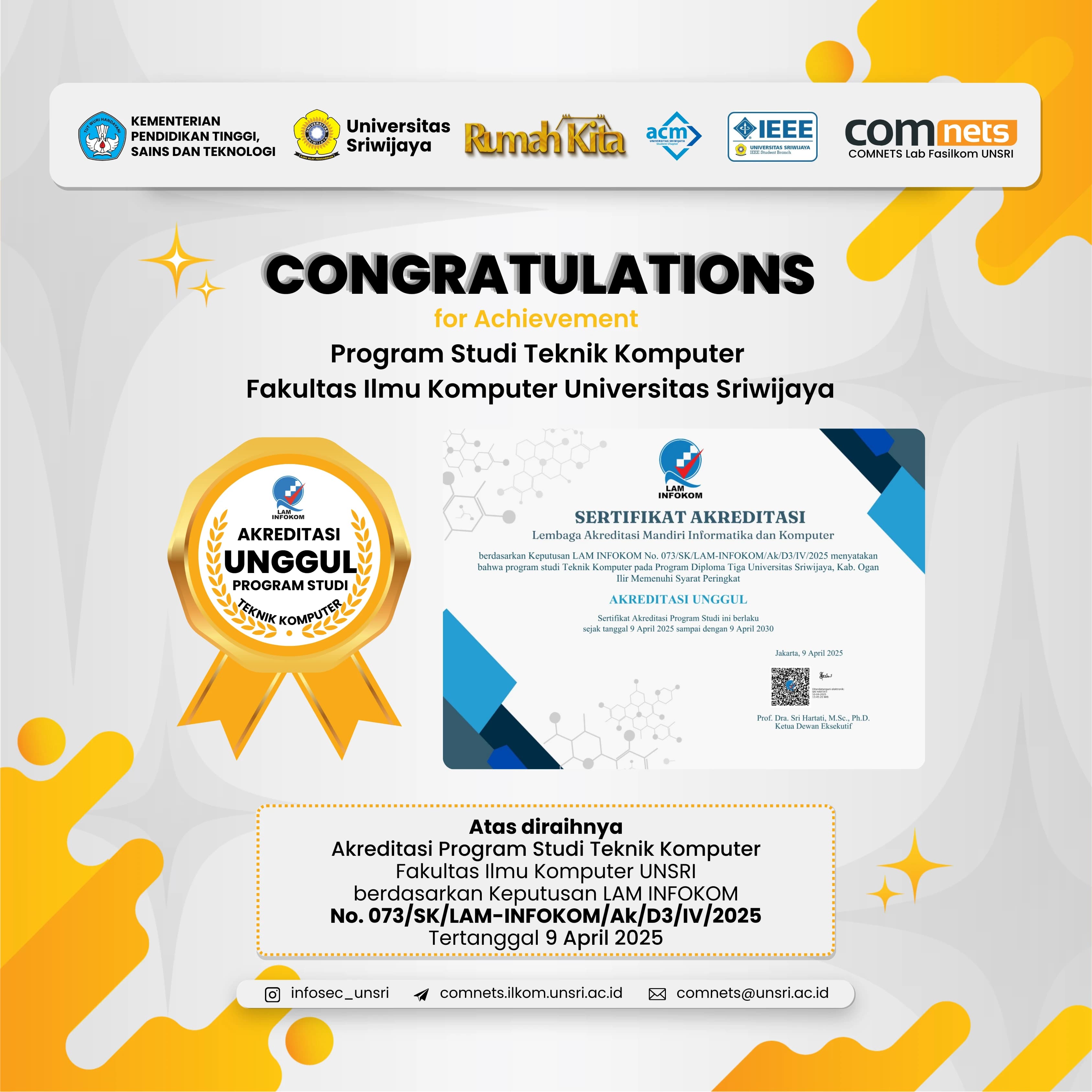Bukti Komitmen Mutu Pendidikan Terbaik, Prodi Teknik Komputer Fasilkom Unsri Sukses Raih Akreditasi Unggul
