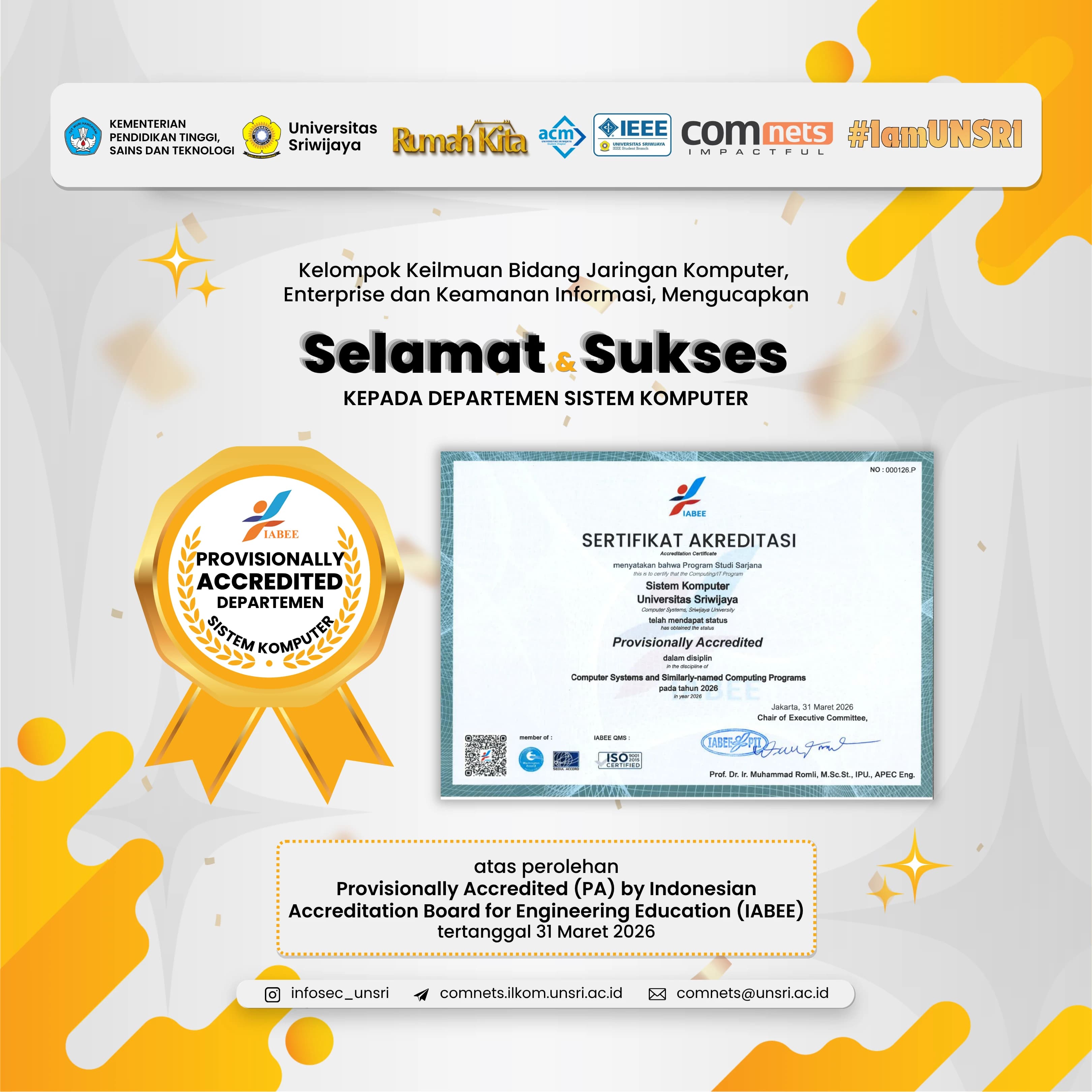 The Department of Computer Systems at FASILKOM UNSRI Receives IABEE Provisional Accreditation Valid Through 2026