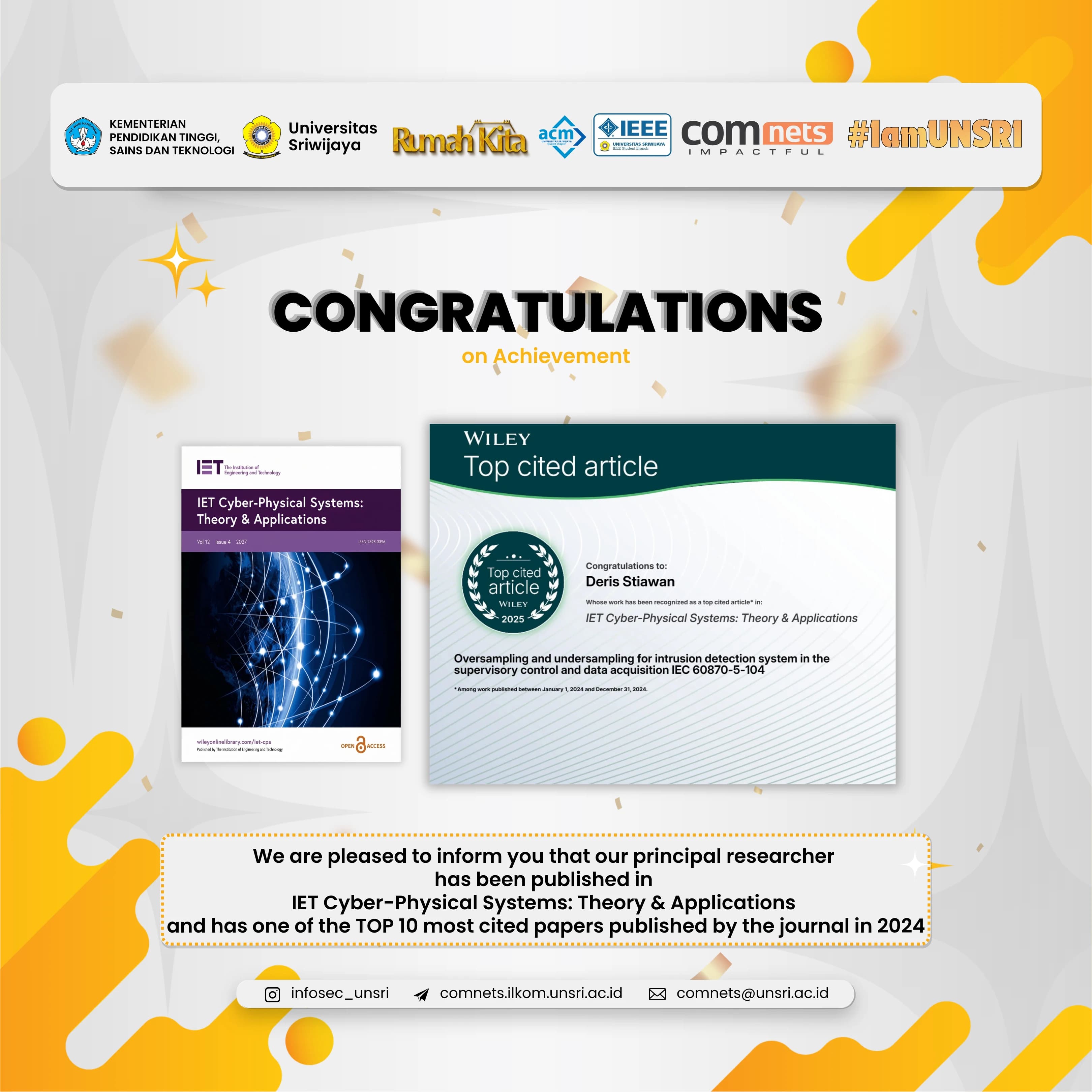 Prof. Ir. Deris Stiawan, Ph.D., Named Among the Top 10 Most-Cited Papers in the IET International Journal 2024