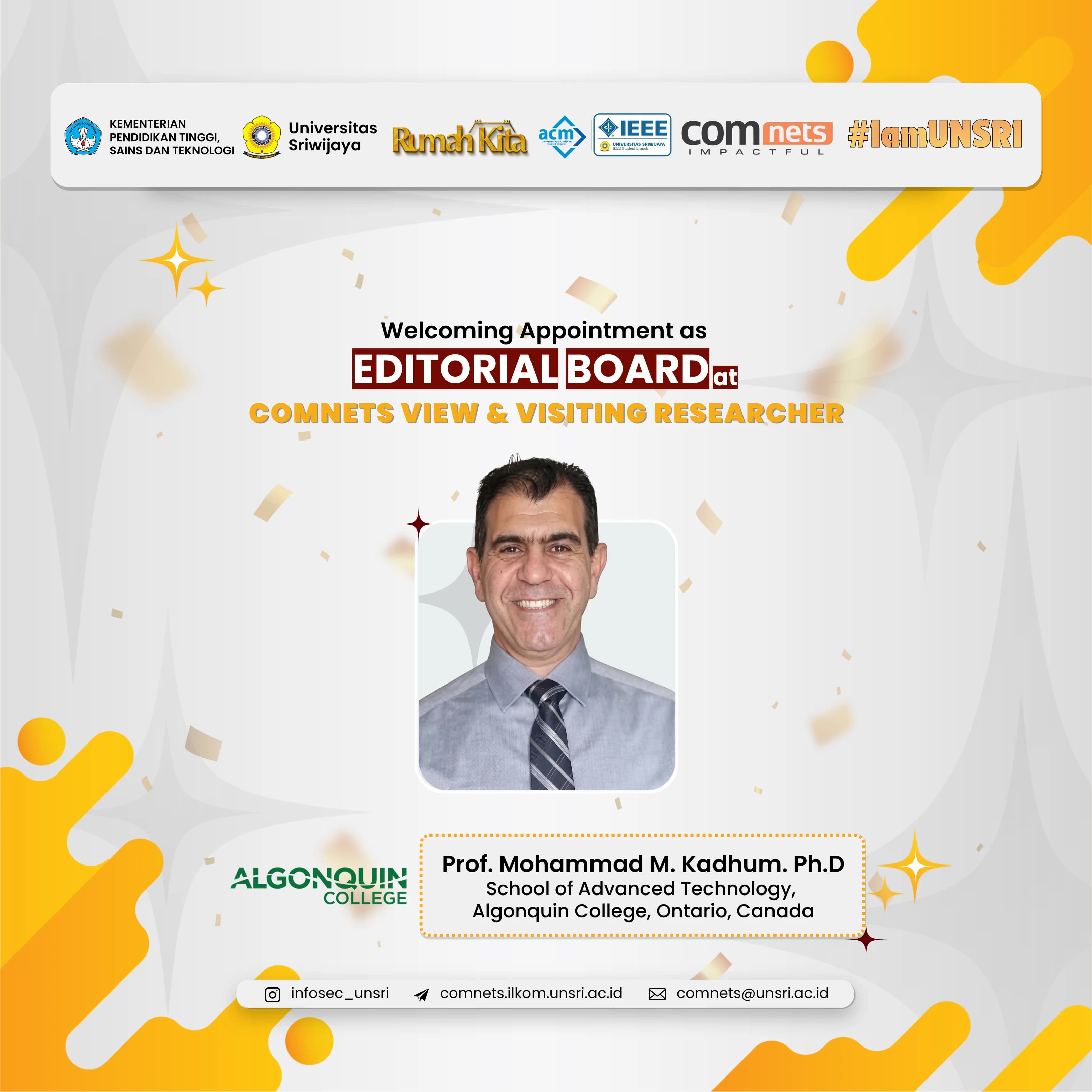 COMNETS RG Welcomes Prof. Dr. Mohammad M. Kadhum, School of Advanced Technology, Algonquin College