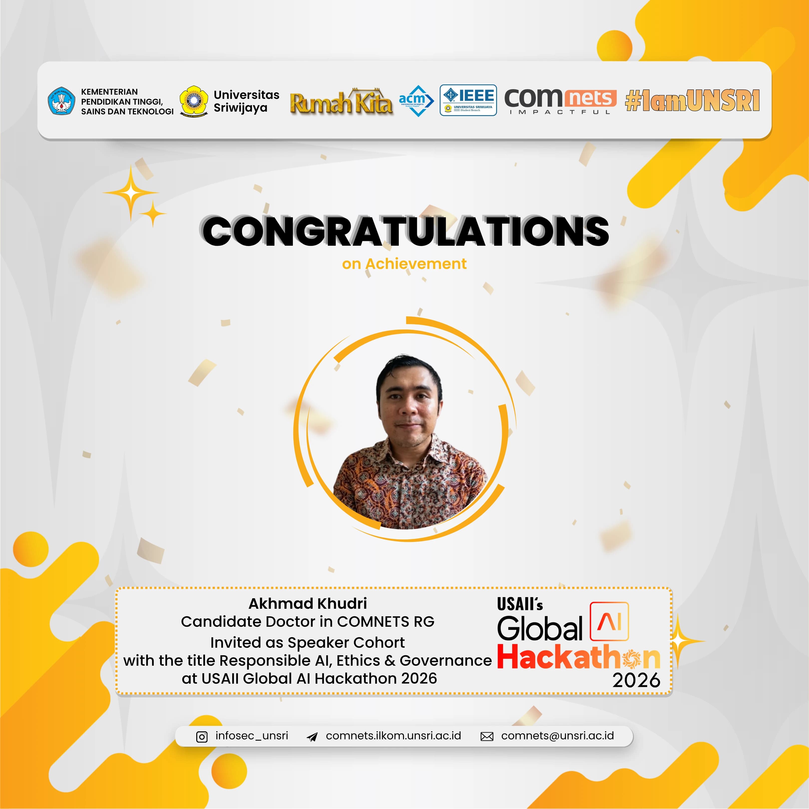 Akhmad Khudri, Doctoral Candidate COMNETS RG, Invited as Speaker at USAII Global AI Hackathon 2026 on Responsible AI, Ethics, and Governance