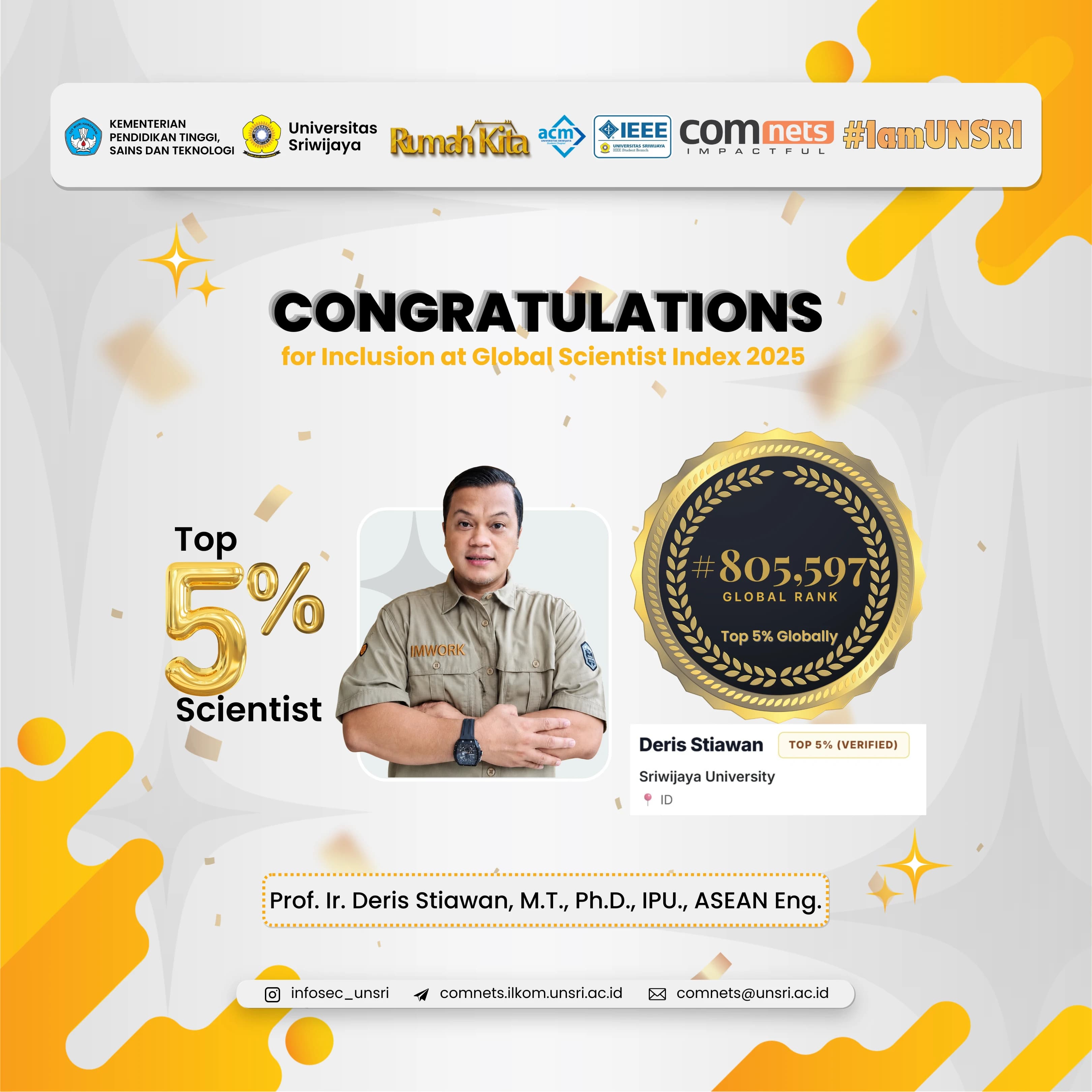 Prof. Ir. Deris Stiawan, Ph.D. Raih Predikat Top 5% Scientists pada Global Scientist Index 2025