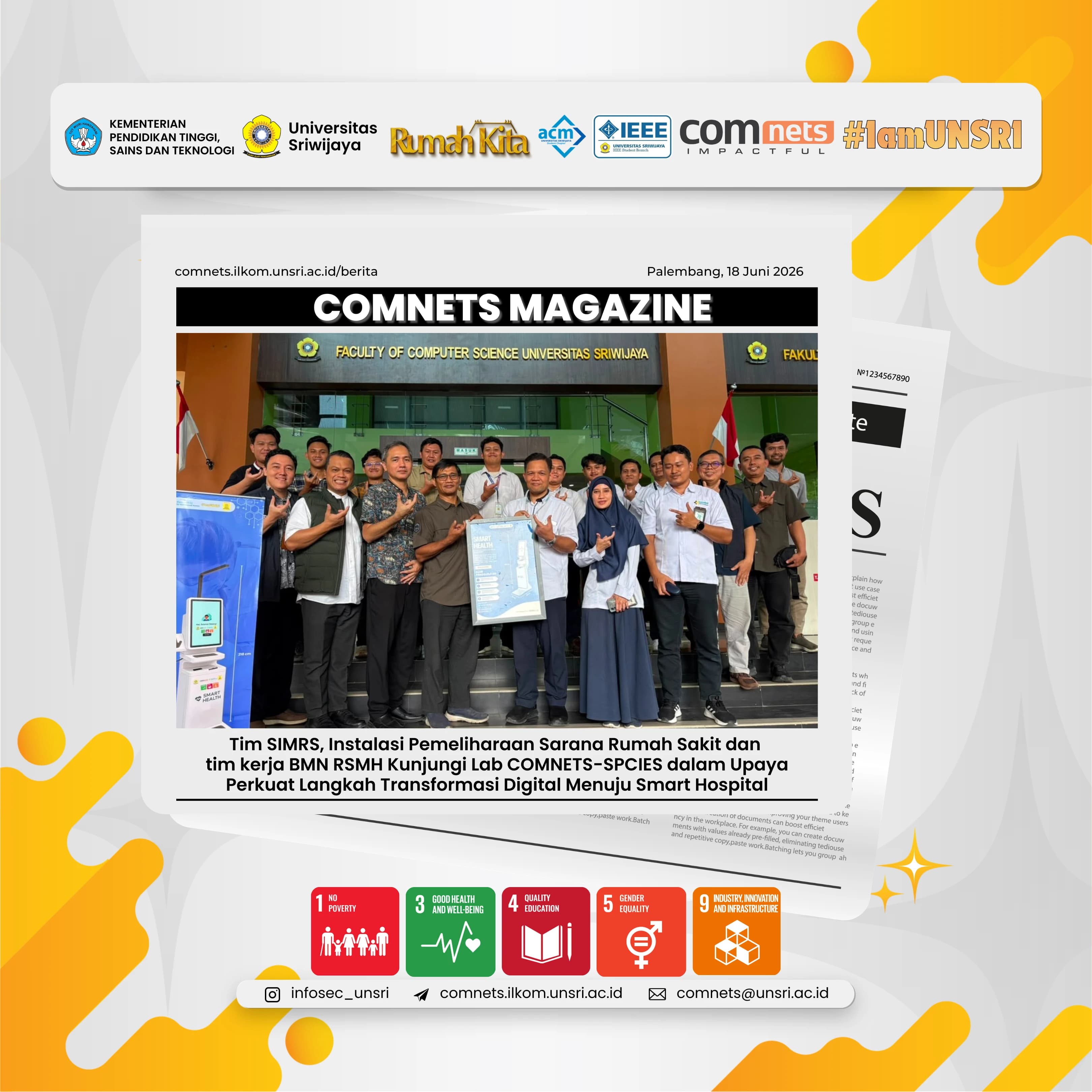 The SIMRS Team, the Hospital Facilities Maintenance Department, and the RSMH State-Owned Assets (BMN) Working Group Visited the COMNETS-SPCIES Lab as Part of Efforts to Strengthen Digital Transformation Initiatives Toward a Smart Hospital