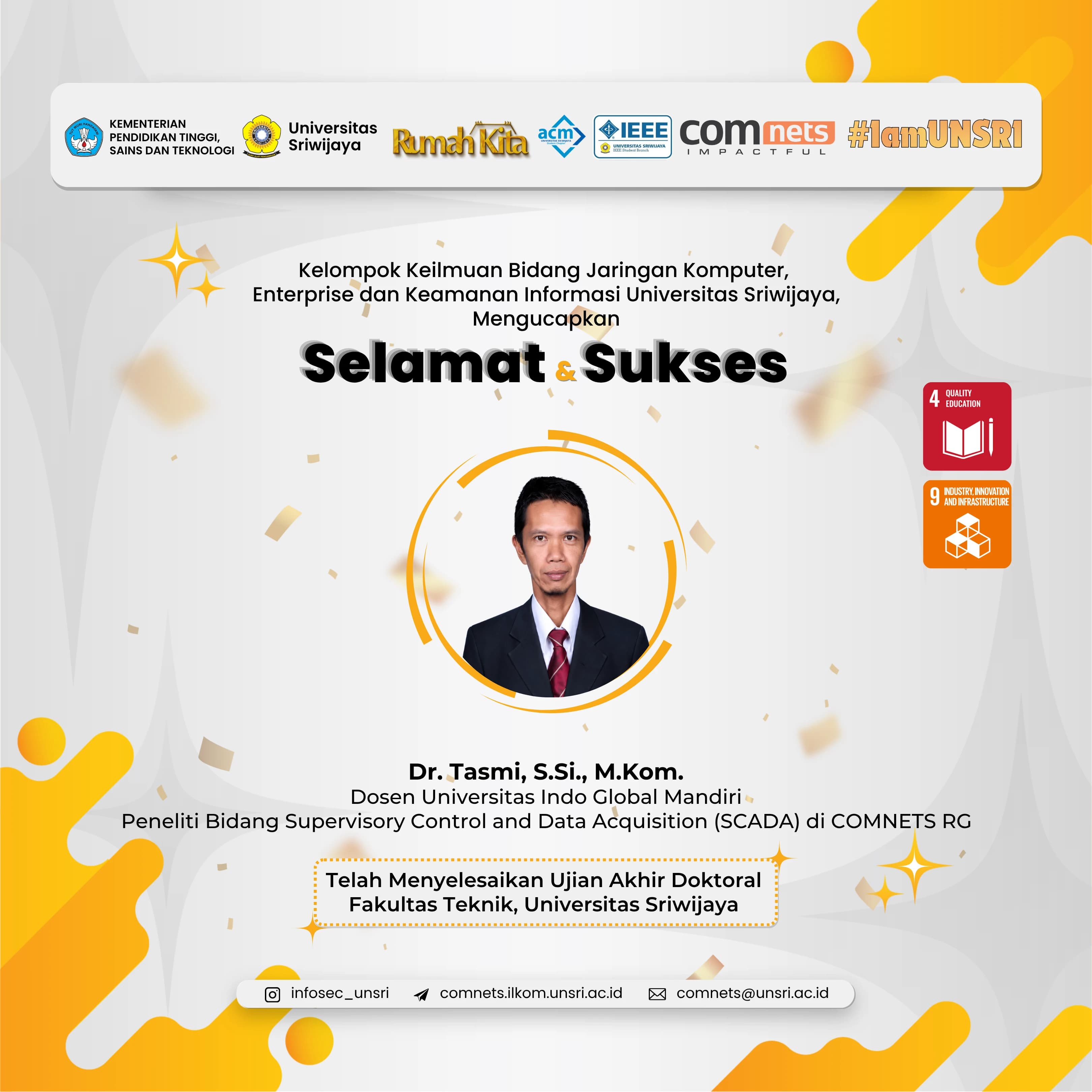 COMNETS RG Lahirkan Doktor baru: Selamat & Sukses untuk Dr. Tasmi, S.Si., M.Kom.