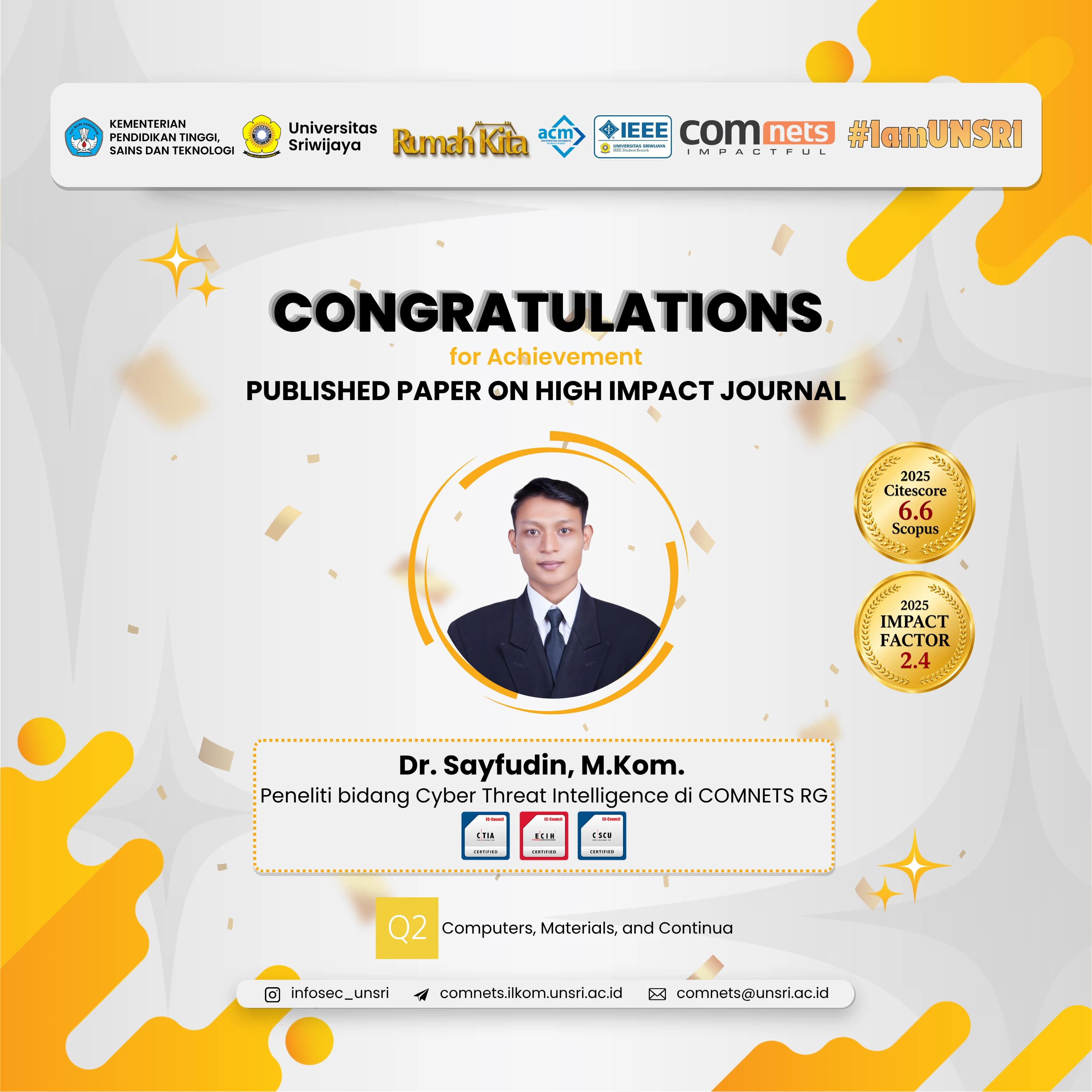 Selamat dan Sukses kepada Dr. Sayfudin, M.Kom., atas Publikasi di Jurnal Internasional Q2 Computers, Materials & Continua (CMC)