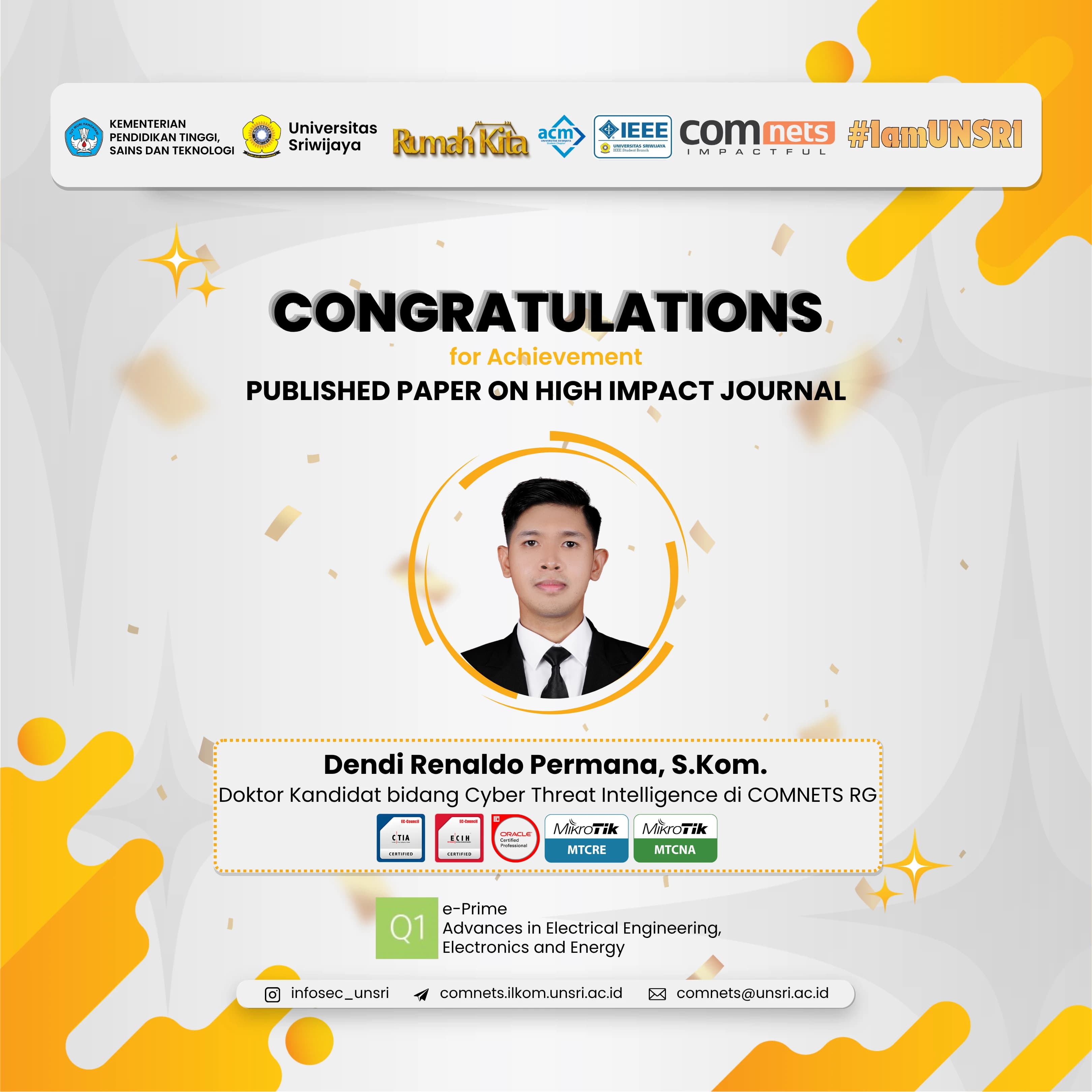 Selamat dan Sukses kepada Dendi Renaldo Permana, S.Kom., atas Publikasi di Jurnal internasional bereputasi Q1, e-Prime – Advances in Electrical Engineering, Electronics and Energy