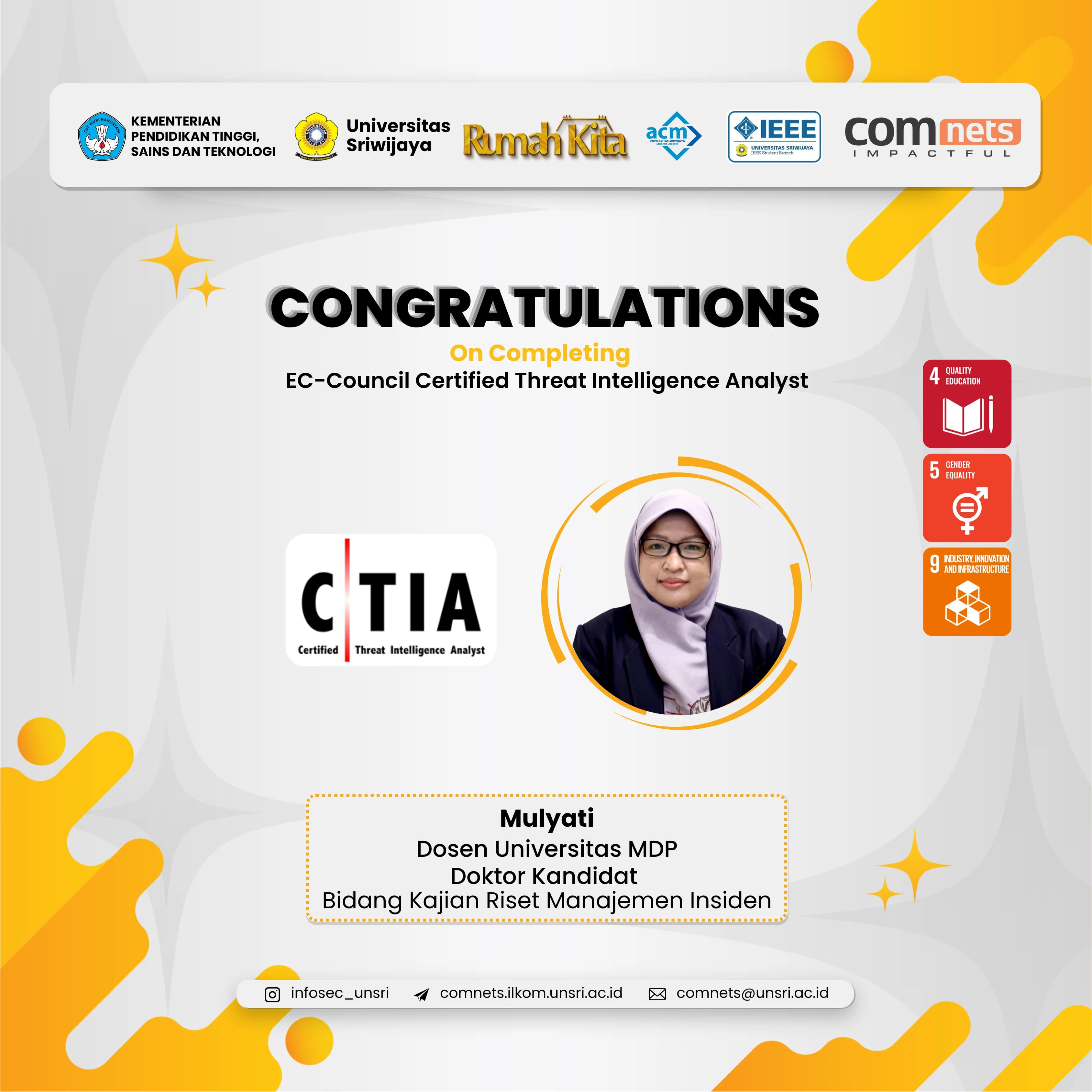 Perdalam Riset Manajemen Insiden, Mulyati Resmi Raih Sertifikasi Global Certified Threat Intelligence Analyst dari EC-Council