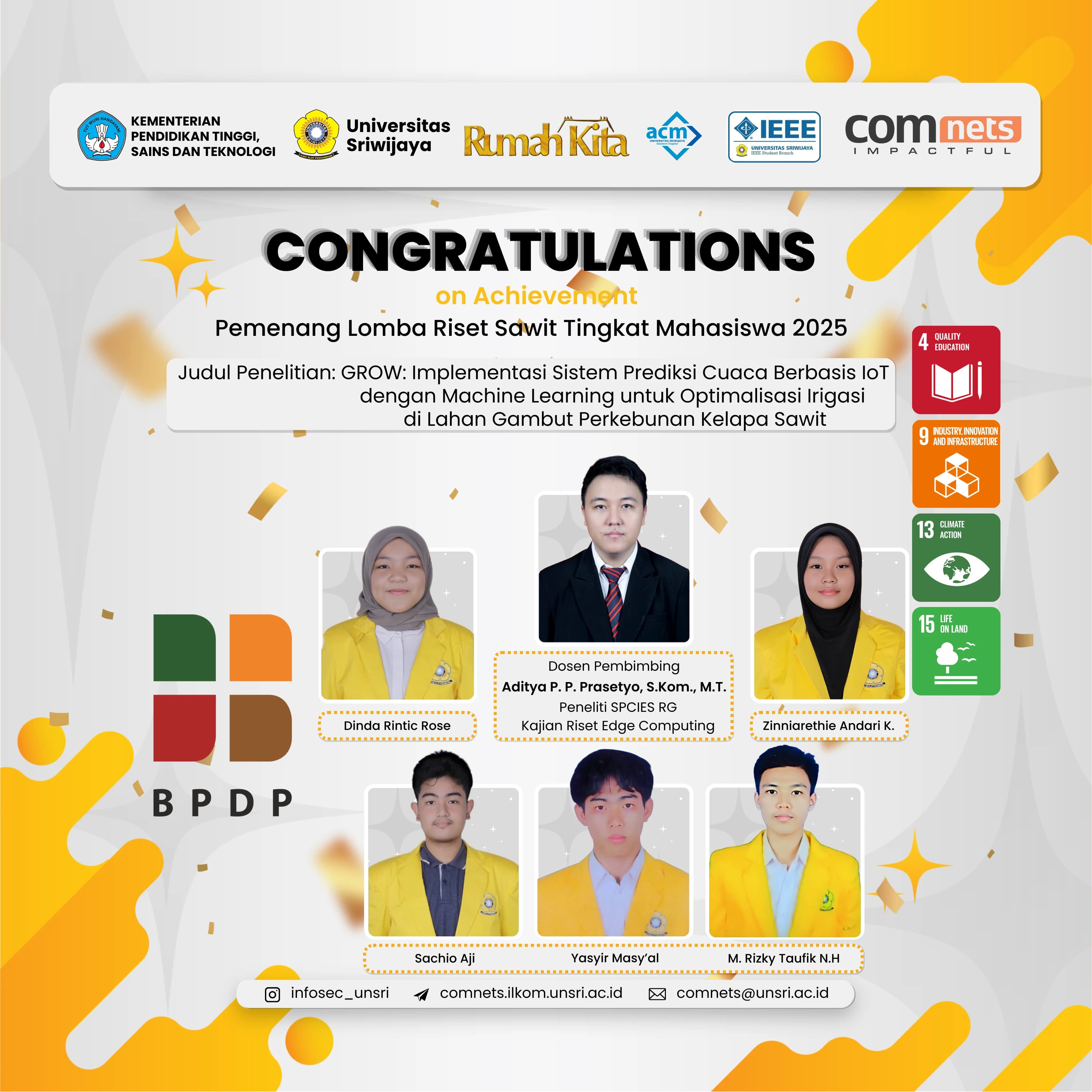 Jawara Riset Sawit Nasional! Tim Teknik Komputer Unsri Menangkan Kompetisi BPDPKS 2025 Lewat Inovasi "GROW"