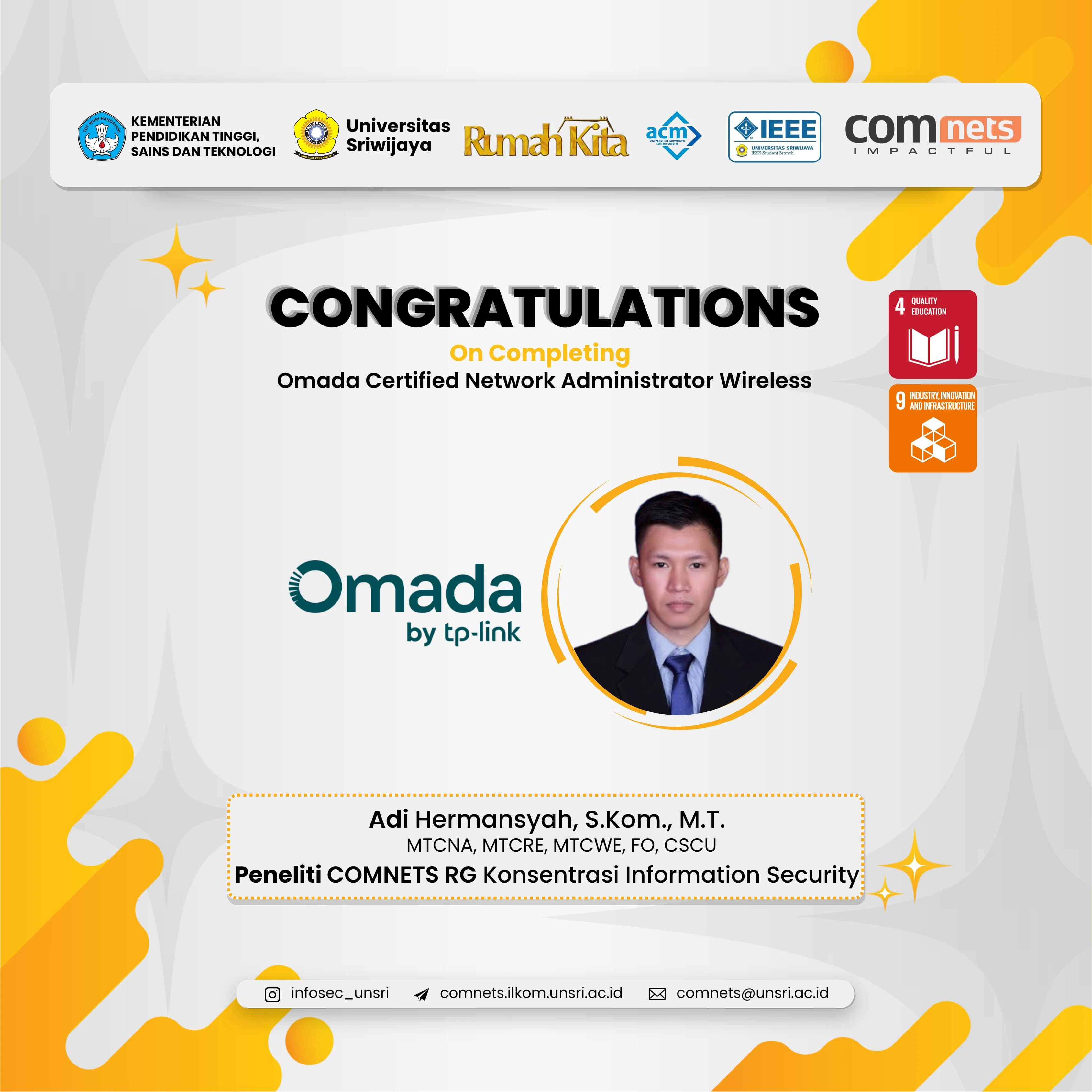 Perkaya Portofolio Kompetensi, Adi Hermansyah, M.T. Raih Sertifikasi TP-Link Omada