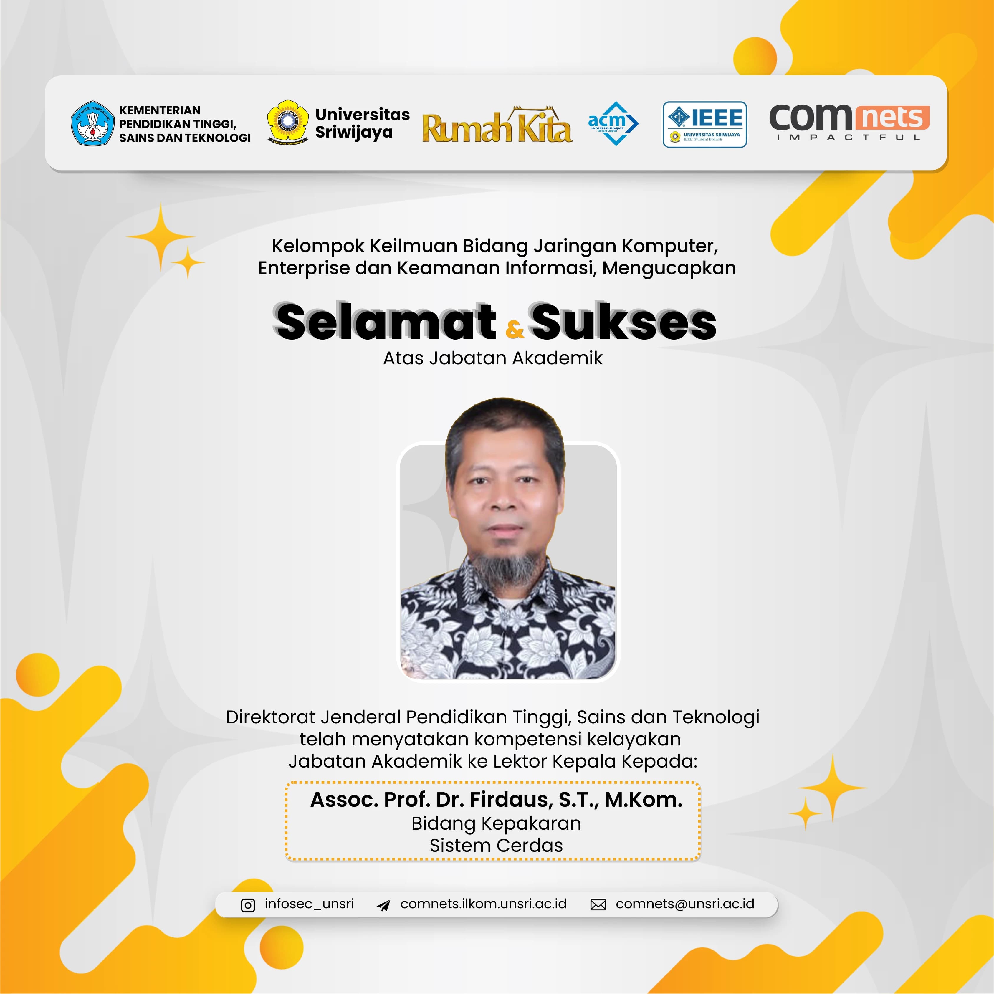 Resmi Sandang Jabatan Lektor Kepala, Dr. Firdaus Perkuat Kepakaran Sistem Cerdas di Fasilkom UNSRI