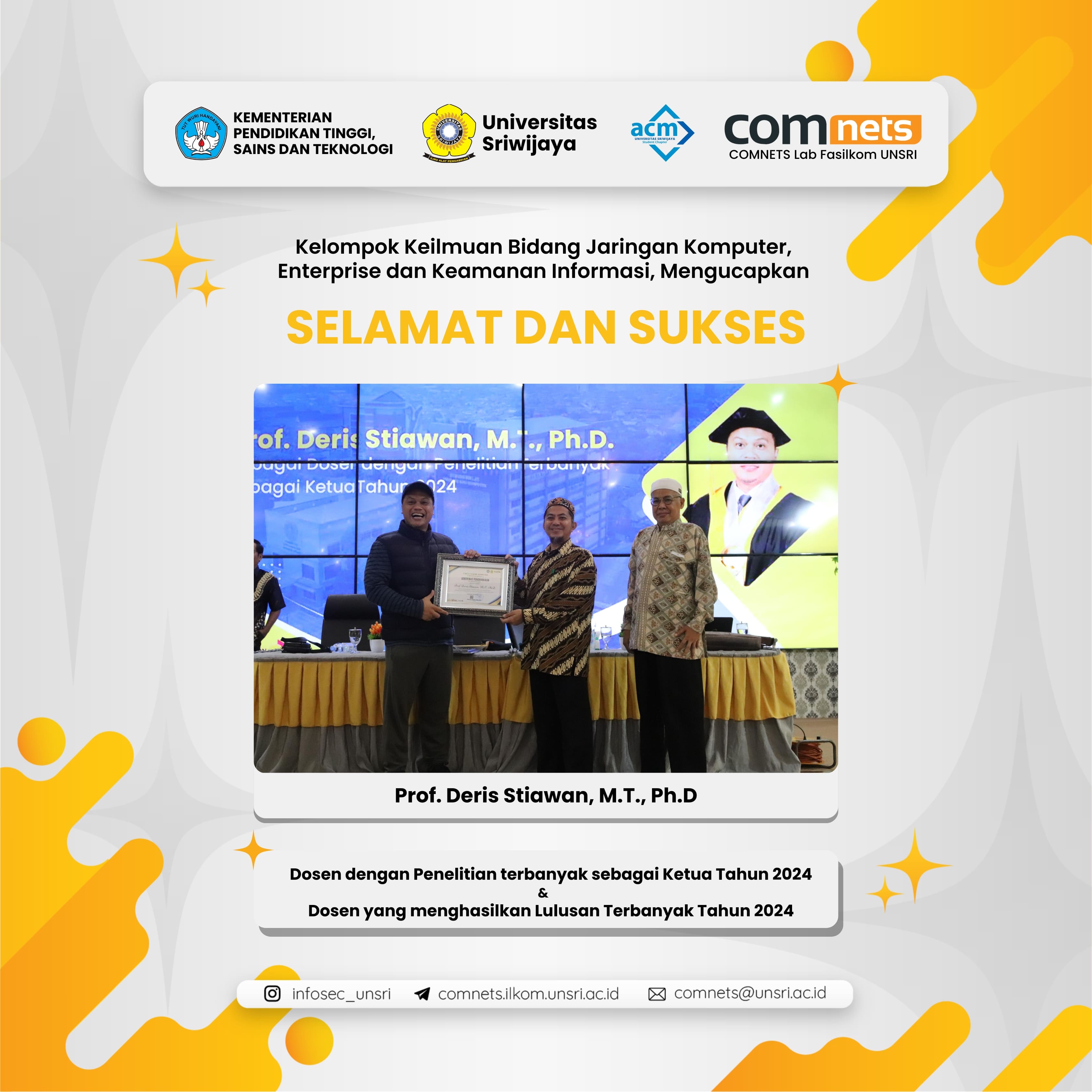 Penghargaan kepada Prof. Deris Setiawan, M.T., Ph.D sebagai Dosen dengan Penelitian terbanyak sebagai ketua Tahun 2024 dan Dosen yang menghasilkan Lulusan Terbanyak Tahun 2024 dalam kegiatan Dies Natalis Fakultas Ilmu Komputer Universitas Sriwijaya ke-18