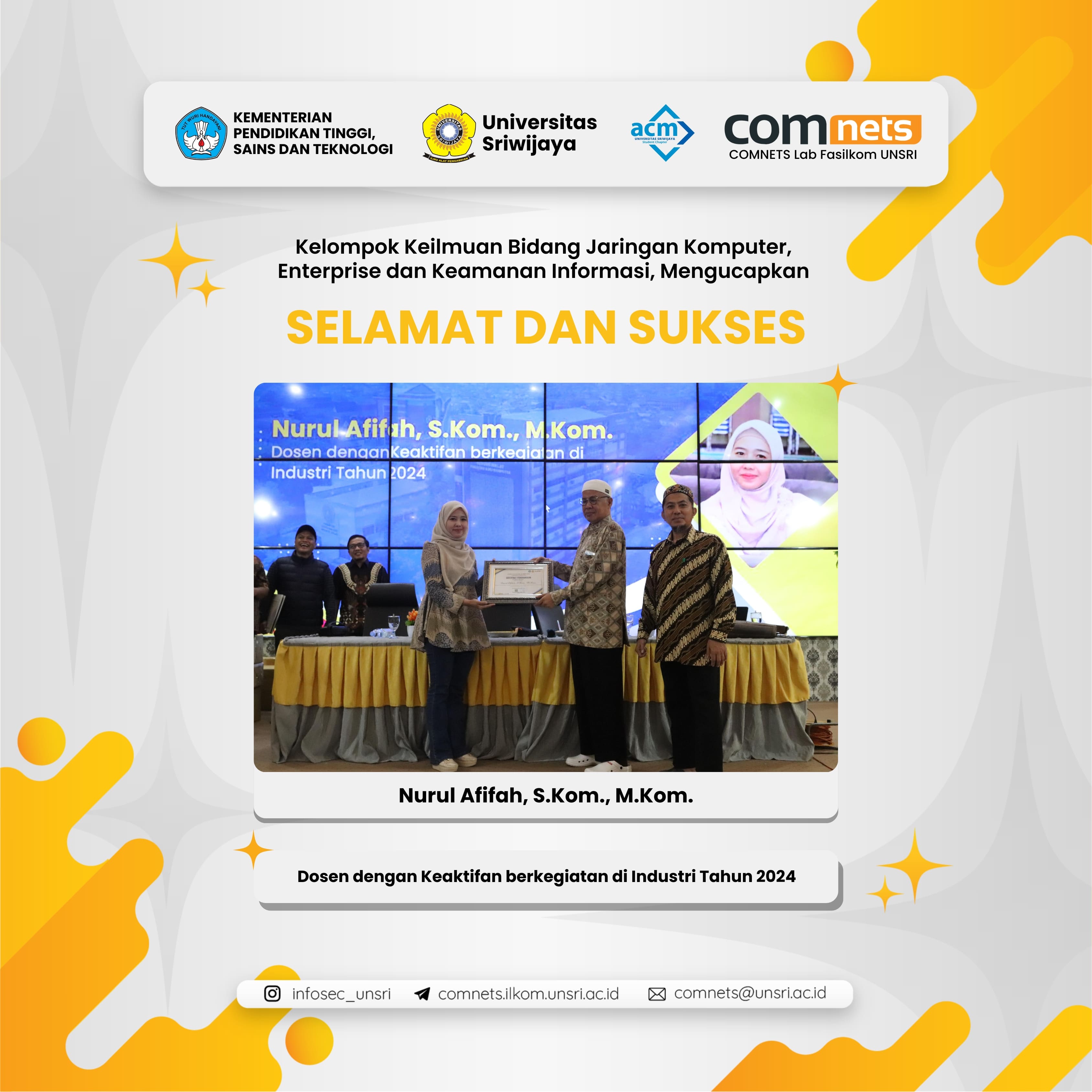 Penghargaan kepada Ibu Nurul Afifah, S.Kom., M.Kom sebagai Dosen dengan Keaktifan berkegiatan di Industri Tahun 2024