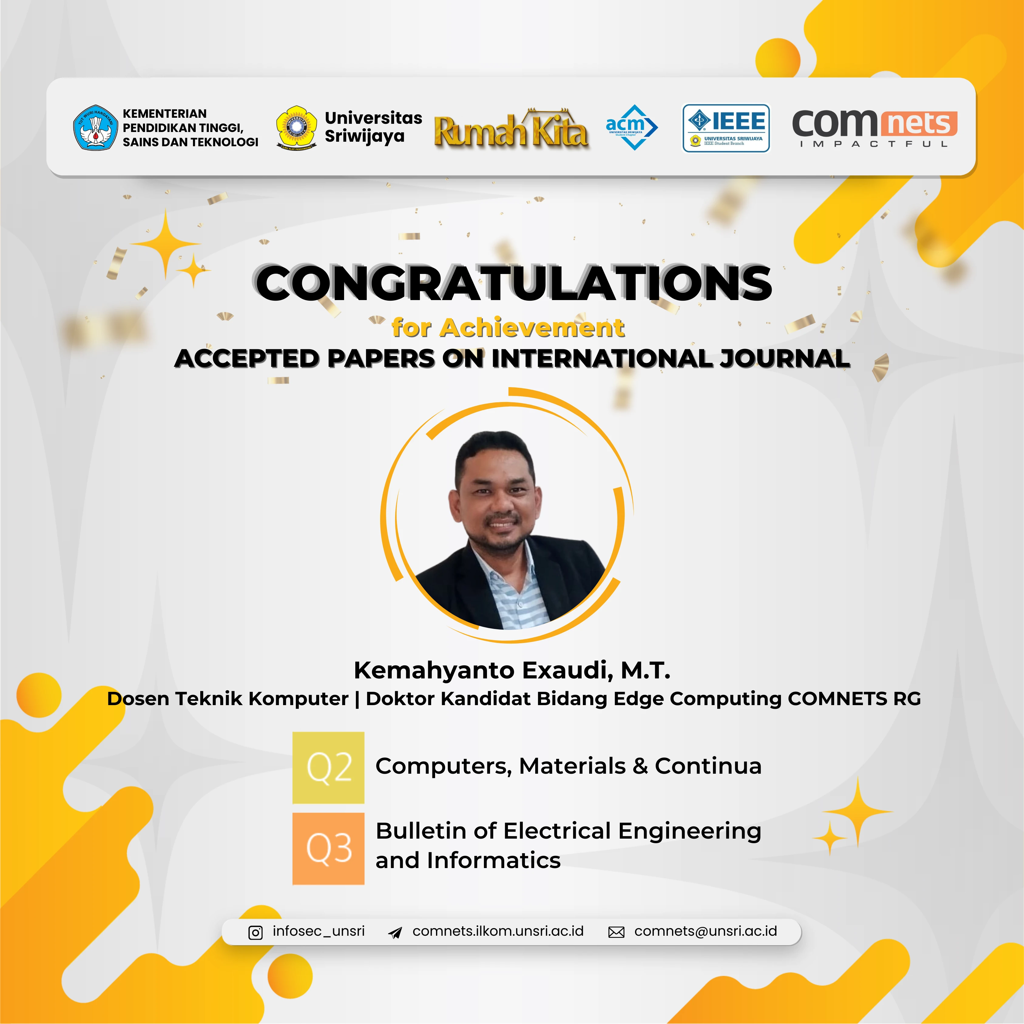 Perkuat Riset Edge Computing, Kemahyanto Exaudi, M.T. Terbitkan Artikel di Jurnal CMC dan BEEI