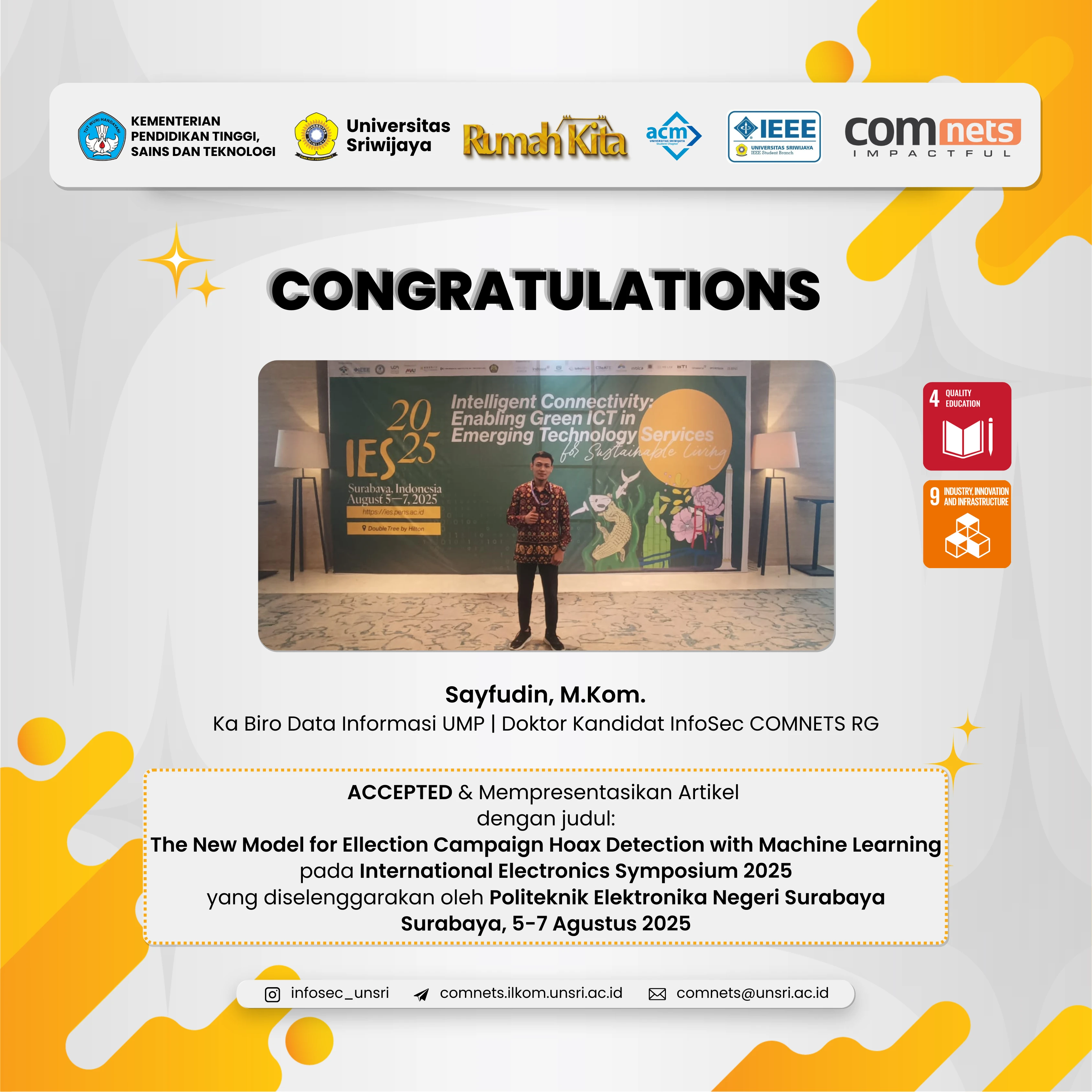 Hadirkan Solusi Cerdas untuk Demokrasi, Riset Deteksi Hoaks Pemilu Karya Sayfudin, M.Kom. Tampil di Panggung IES 2025