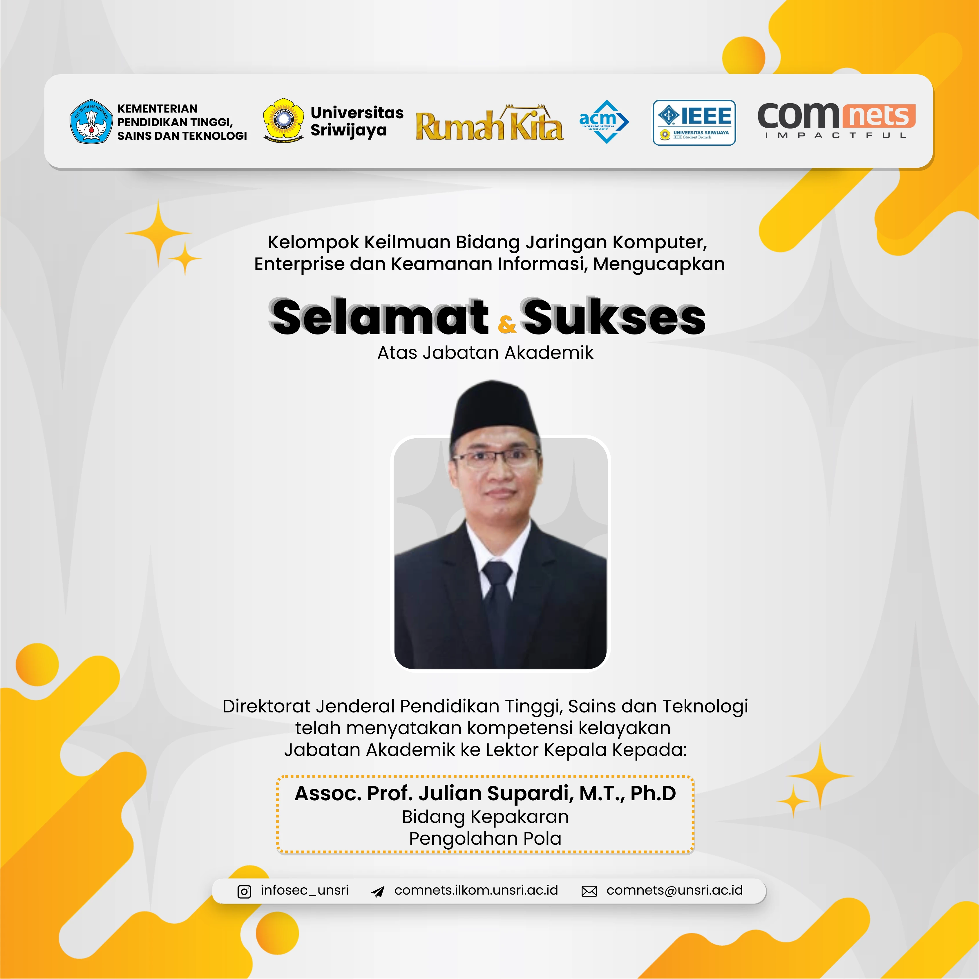 Resmi Ditetapkan Kemendikbudristek, Julian Supardi, Ph.D. Raih Jabatan Akademik Lektor Kepala Bidang Pengolahan Pola