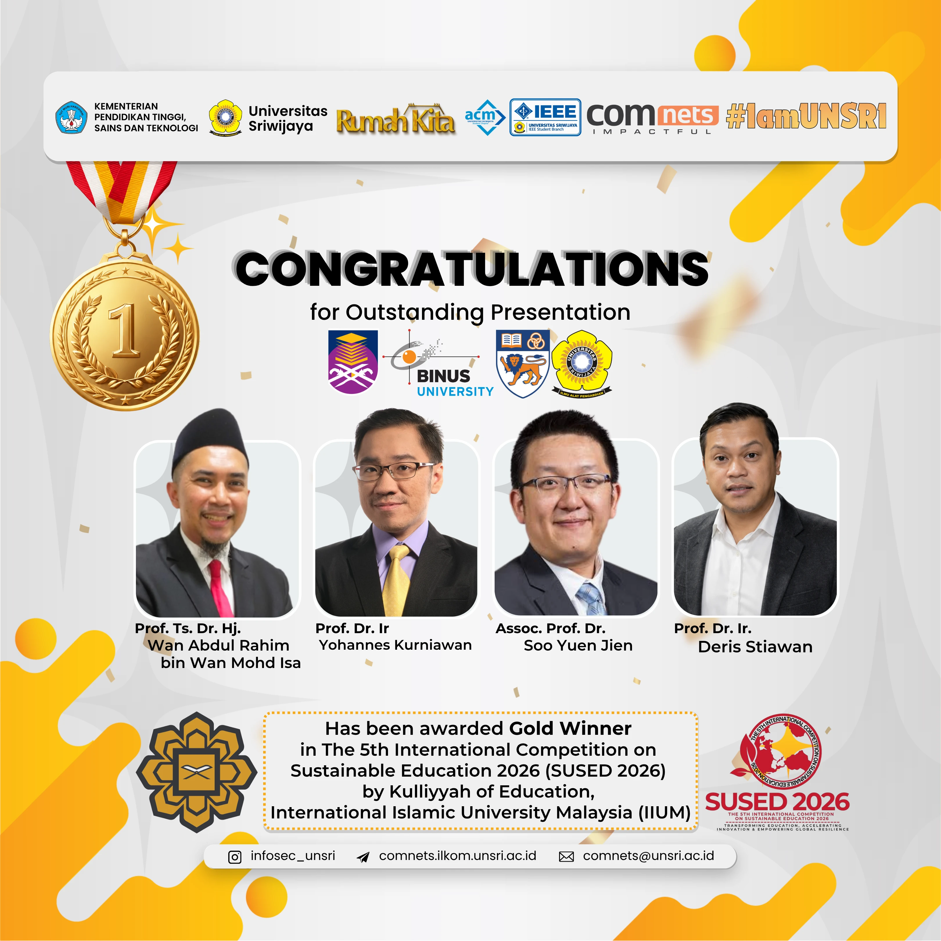 Prof. Ir. Deris Stiawan, Ph.D., Achieves Gold Medal at SUSED 2026