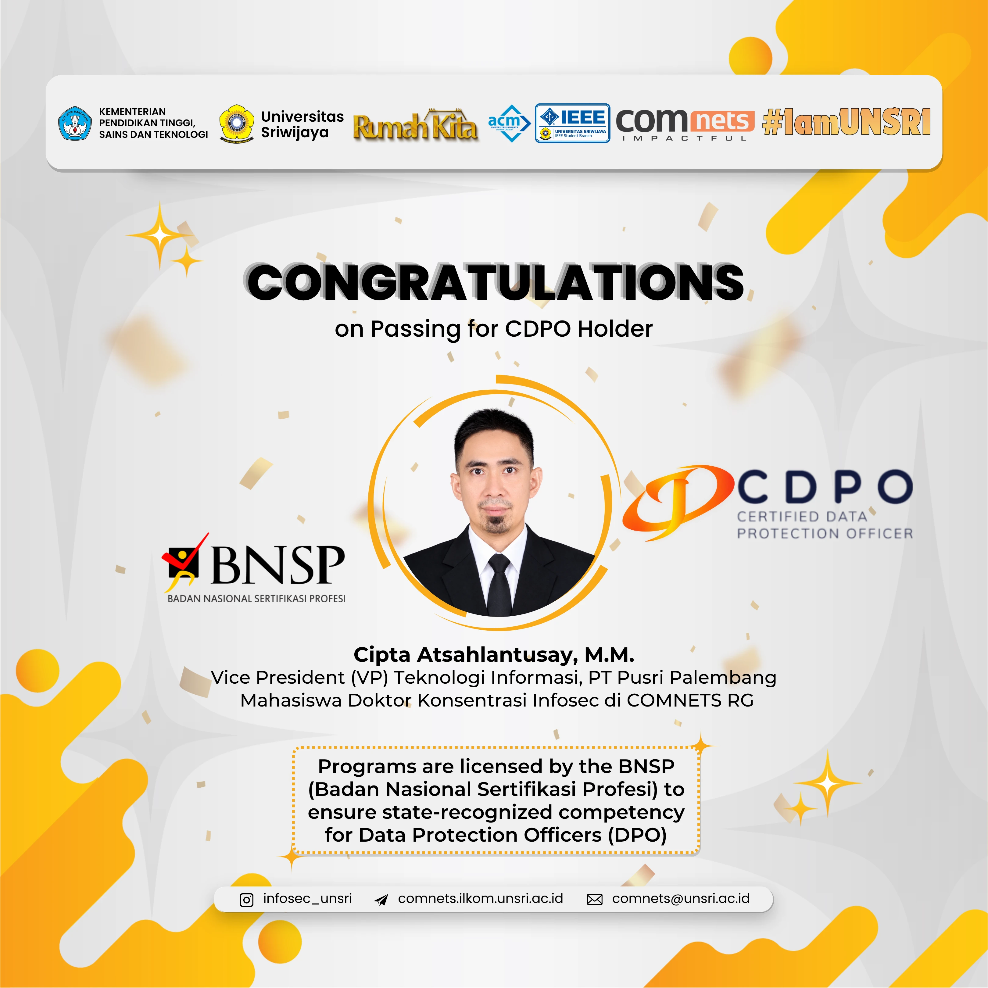 Cipta Atsahlantusay, M.M., Raih Sertifikasi Certified Data Protection Officer (CDPO)